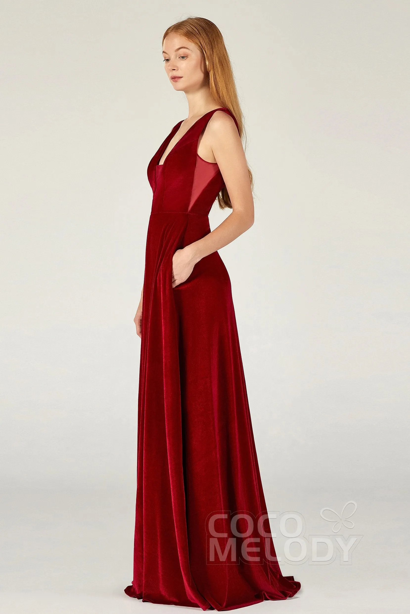 A-Line Floor Length Velvet Bridesmaid Dress CB0364