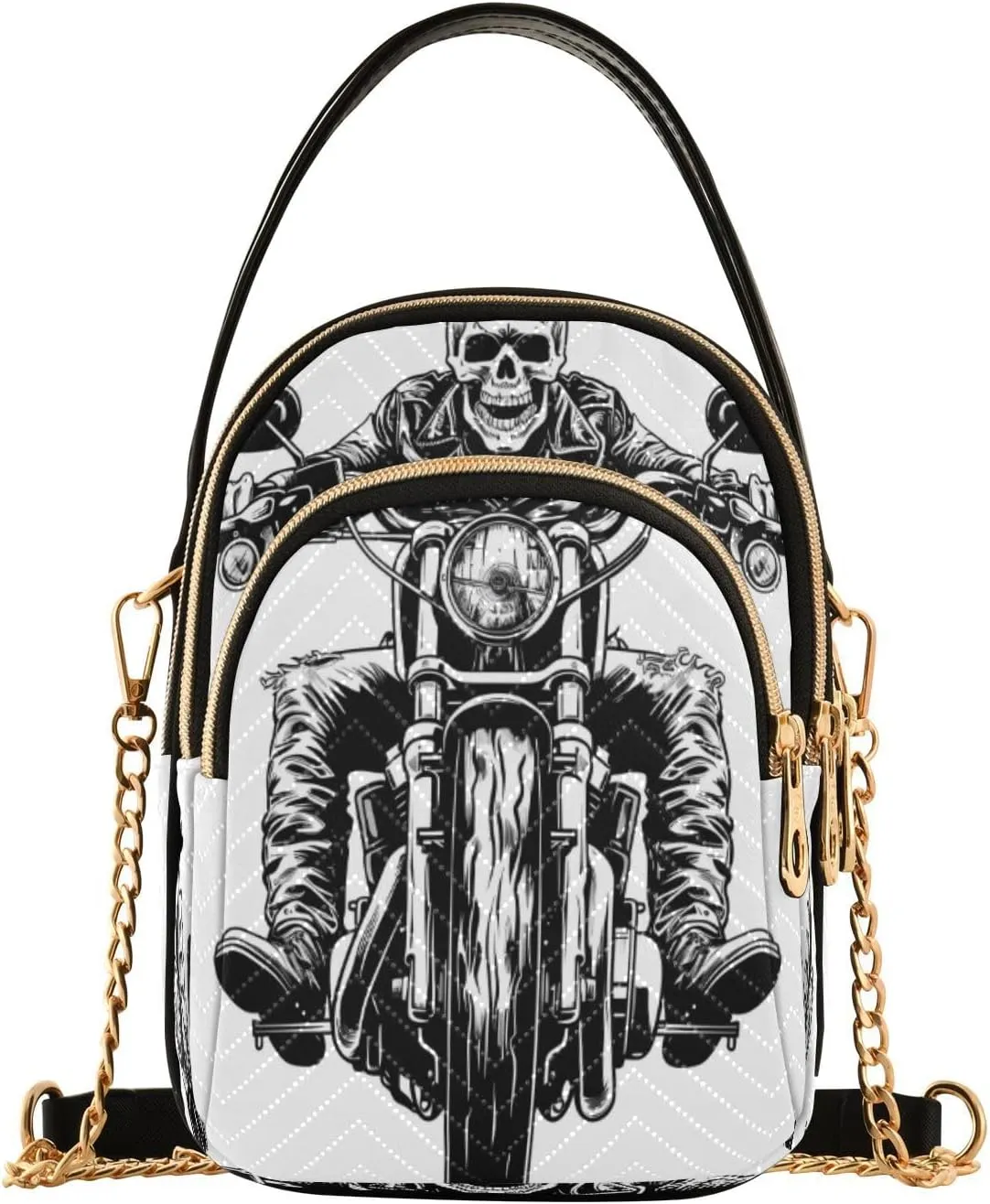 ALAZA Quilted Crossbody Bags for Women,Cool Skeleton Skull Motorcycle Women's Crossbody Handbags Small Travel Purses Phone Bag