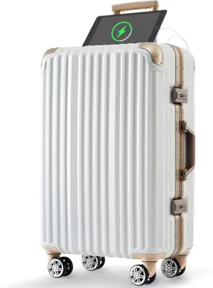Aluminum Frame Luggage with USB Port, Spinner Wheels, Large Packing Space, Travel Trolley Case, White