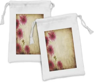 Ambesonne Floral Fabric Pouch Set of 2, Retro Flowers on Old Grunge Paper Background Nostalgic Background Bouquet Print, Small Drawstring Bag for Toiletries Masks and Favors, 9" x 6", Sand Brown Pink