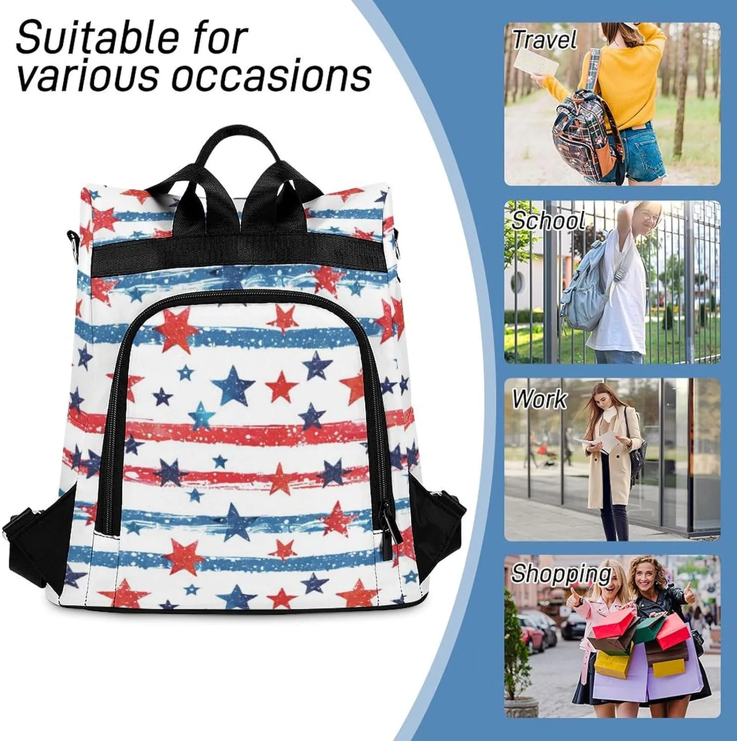 American Flag Stars Women Backpack Purse Anti-theft Casual Shoulder Bag Fashion Lightweight Ladies Carry On Bags
