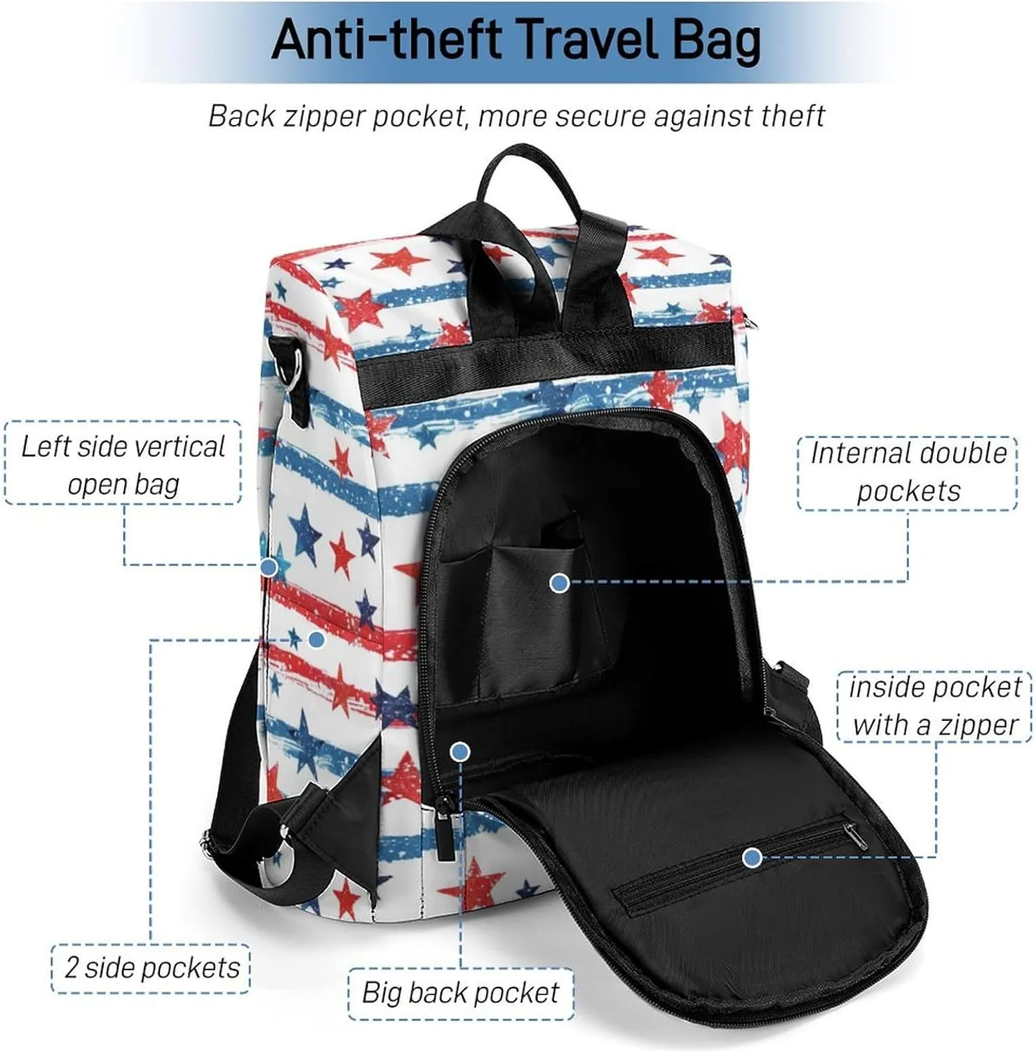 American Flag Stars Women Backpack Purse Anti-theft Casual Shoulder Bag Fashion Lightweight Ladies Carry On Bags
