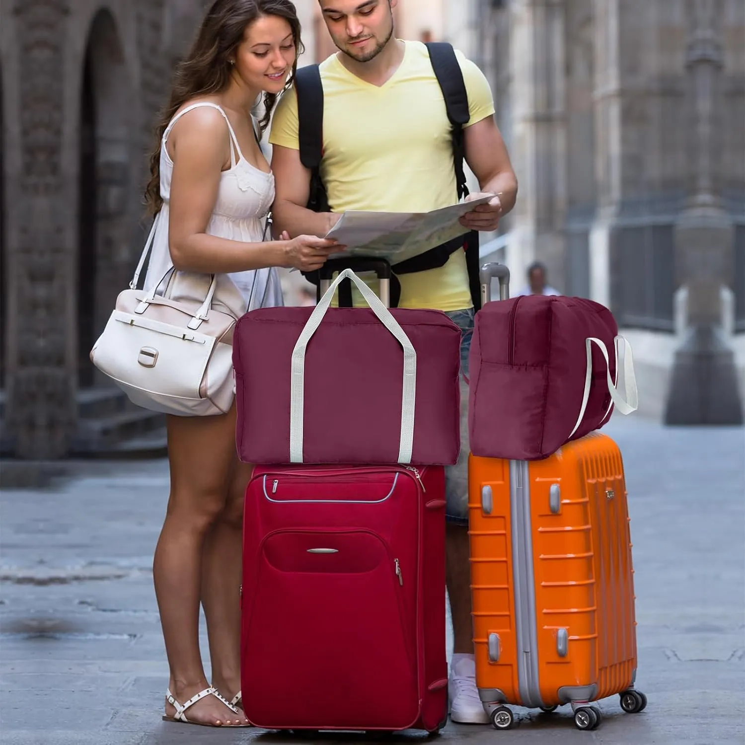 Amylove 12 Pcs Foldable Travel Bags Bulk Foldable Travel Duffel Bags Waterproof Lightweight Carry on for Sports Gym Weekender Outing Overnight(Burgundy)