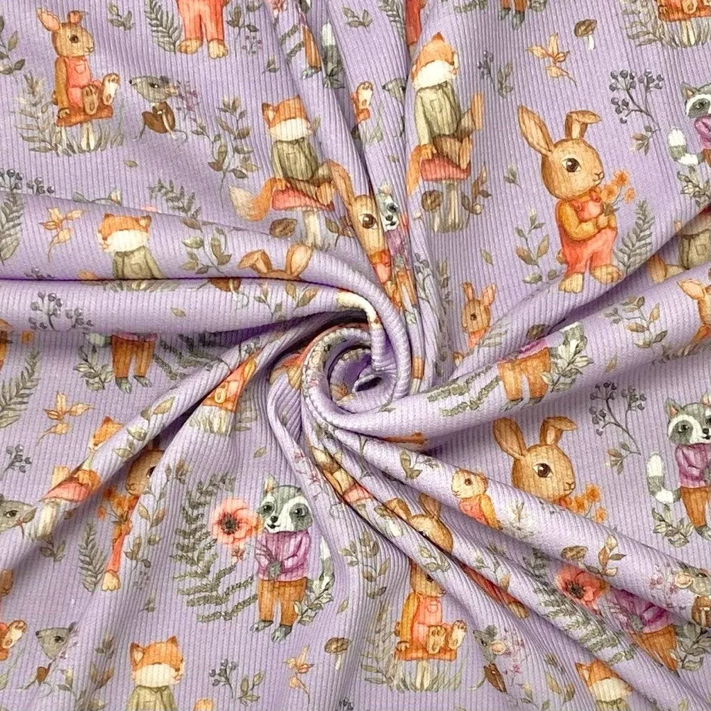 Animal Friends in Forest Ribbed Knit Fabric