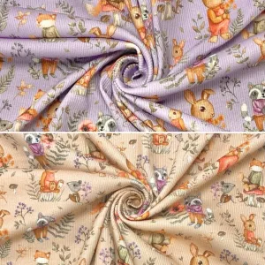 Animal Friends in Forest Ribbed Knit Fabric