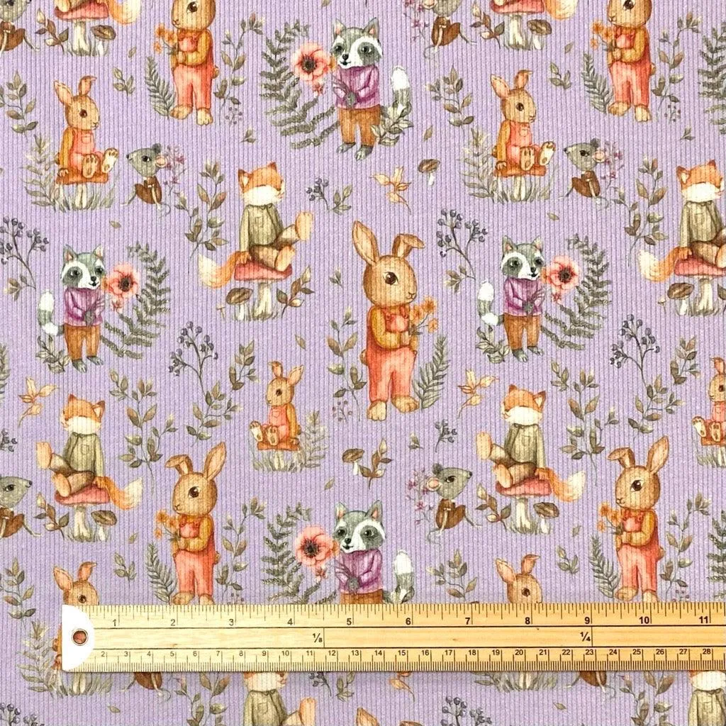 Animal Friends in Forest Ribbed Knit Fabric