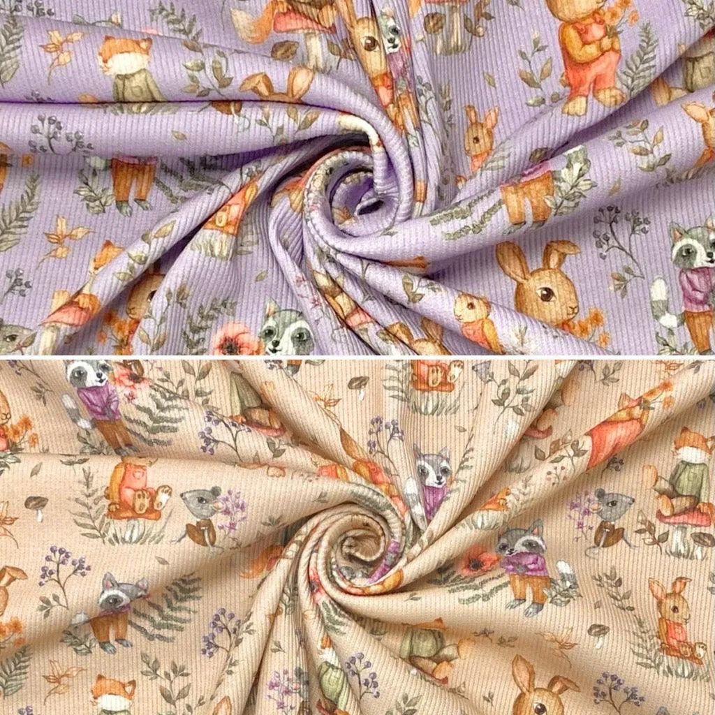 Animal Friends in Forest Ribbed Knit Fabric