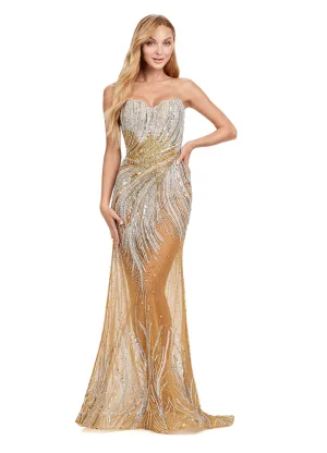 Ashley Lauren 11509 Long Prom Dress Fitted Gold Silver Beaded Strapless Formal Pageant Gown