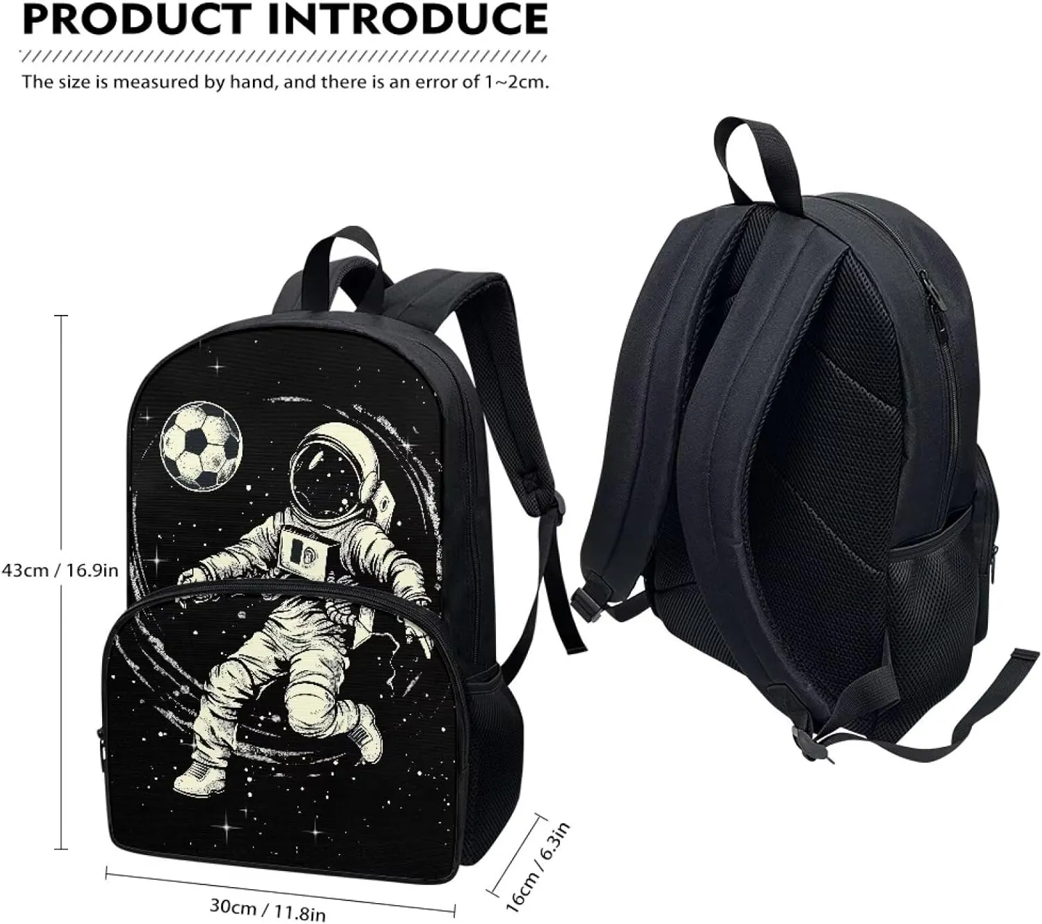 Astronaut Backpack for Boys Soccer Backpack and Lunch Box Set Cool Pencil Pouch School Bag for Kids Insulated Lunch Box with Zipper Pockets