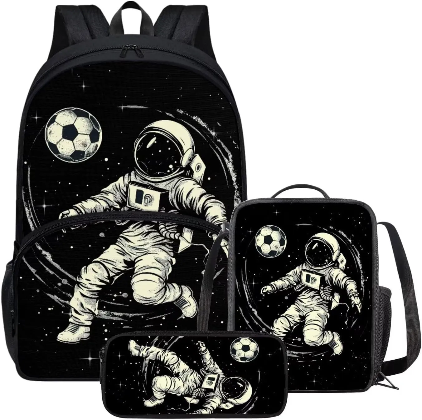 Astronaut Backpack for Boys Soccer Backpack and Lunch Box Set Cool Pencil Pouch School Bag for Kids Insulated Lunch Box with Zipper Pockets