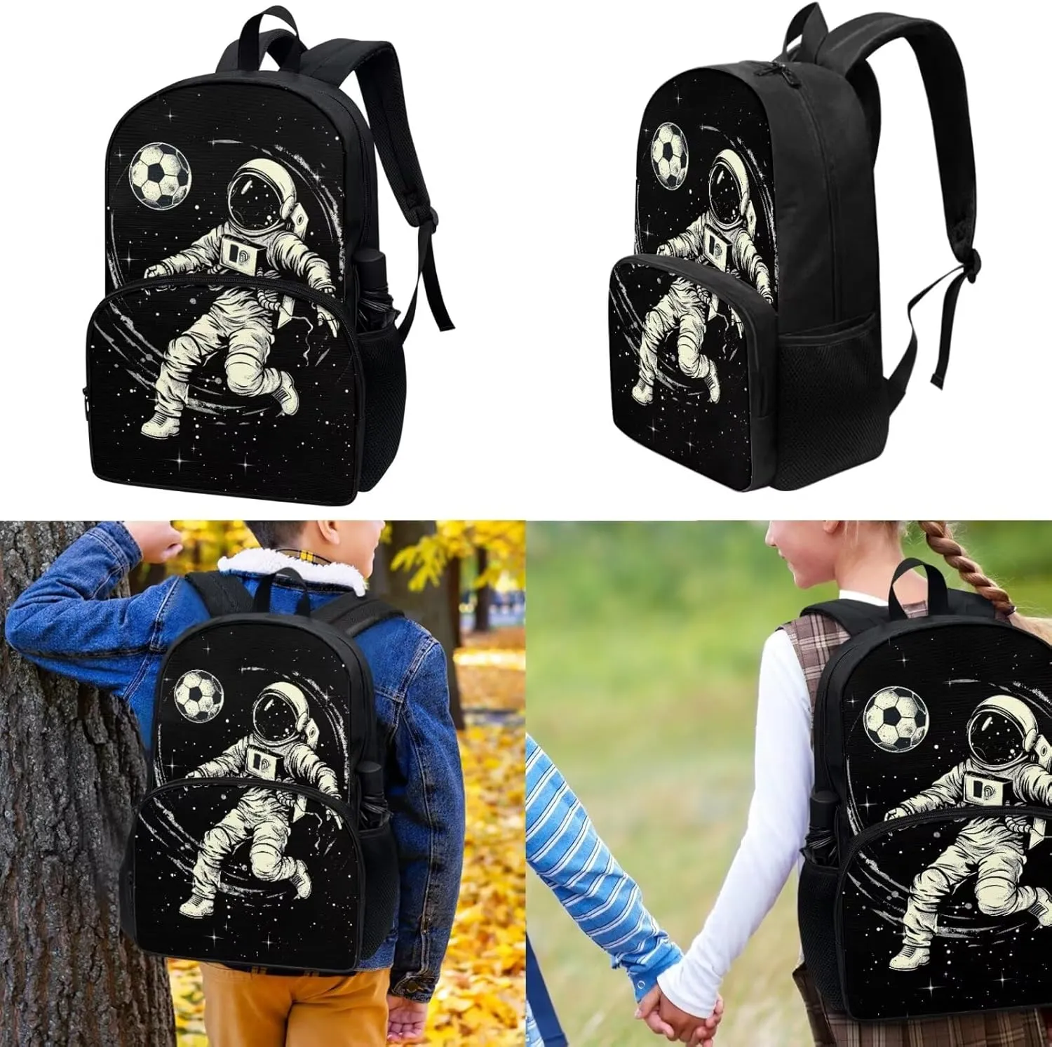 Astronaut Backpack for Boys Soccer Backpack and Lunch Box Set Cool Pencil Pouch School Bag for Kids Insulated Lunch Box with Zipper Pockets