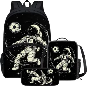Astronaut Backpack for Boys Soccer Backpack and Lunch Box Set Cool Pencil Pouch School Bag for Kids Insulated Lunch Box with Zipper Pockets