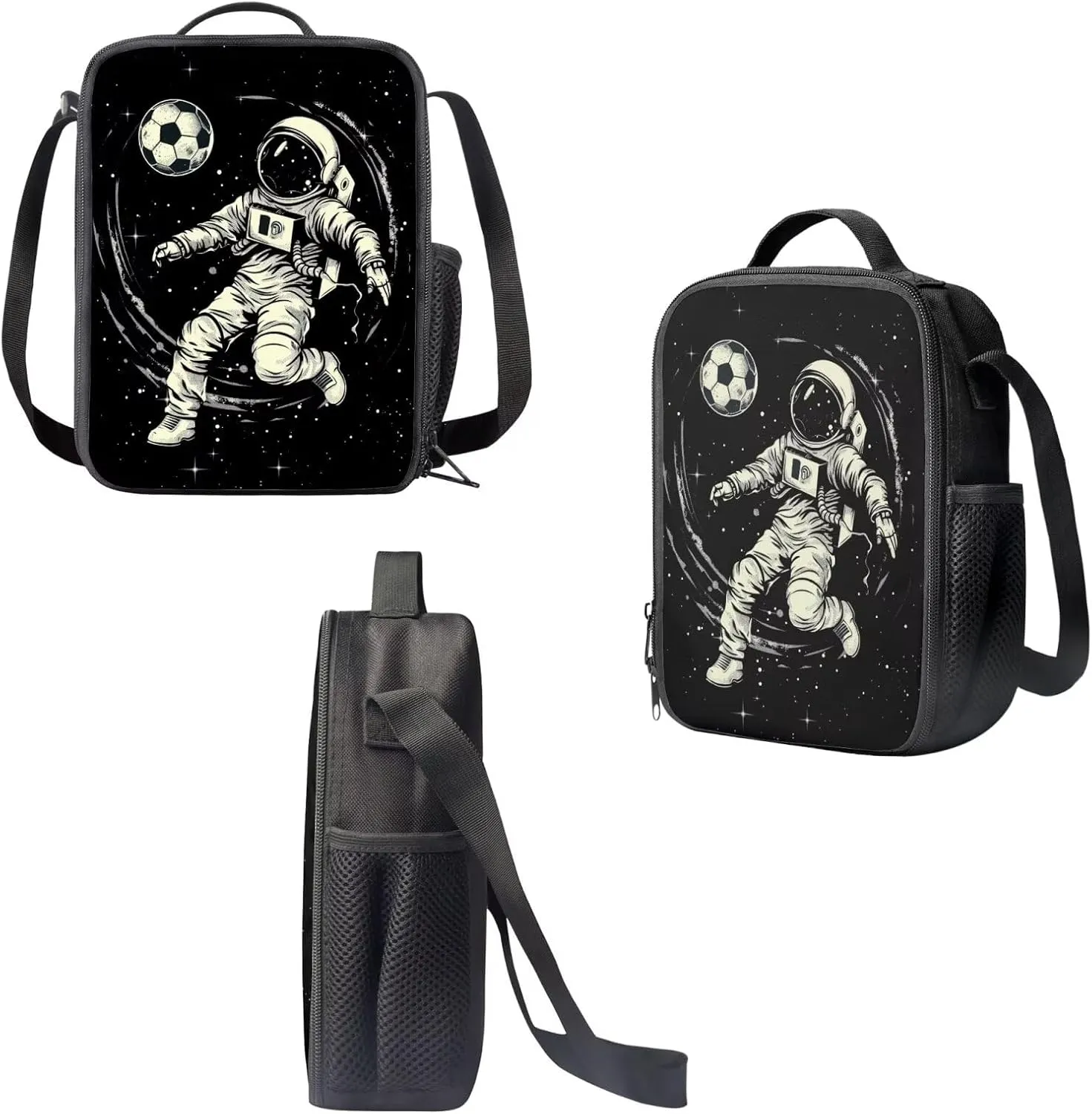 Astronaut Backpack for Boys Soccer Backpack and Lunch Box Set Cool Pencil Pouch School Bag for Kids Insulated Lunch Box with Zipper Pockets