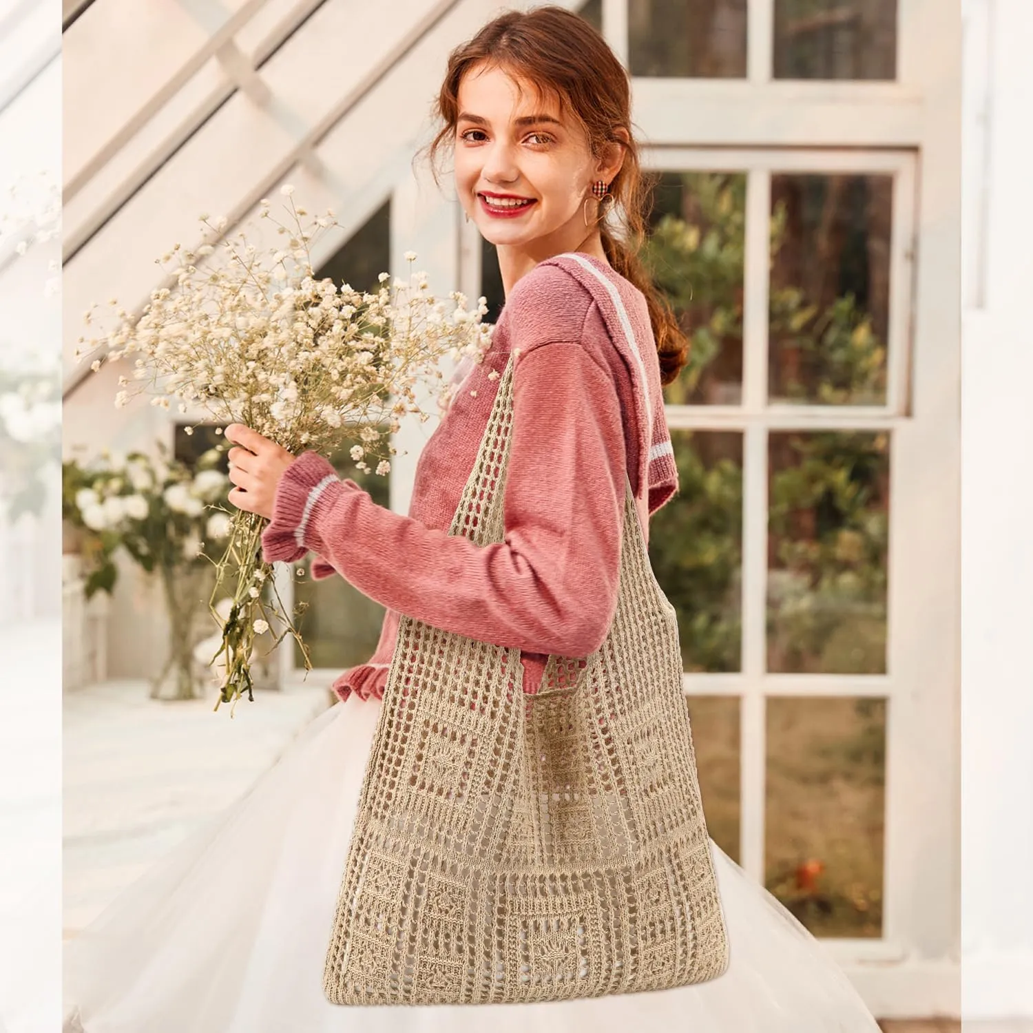 Ayieyill Crochet Tote Bag For Women, Crochet Mesh Beach Tote Bag Summer Vacation Aesthetic Boho Knit Bag for Women