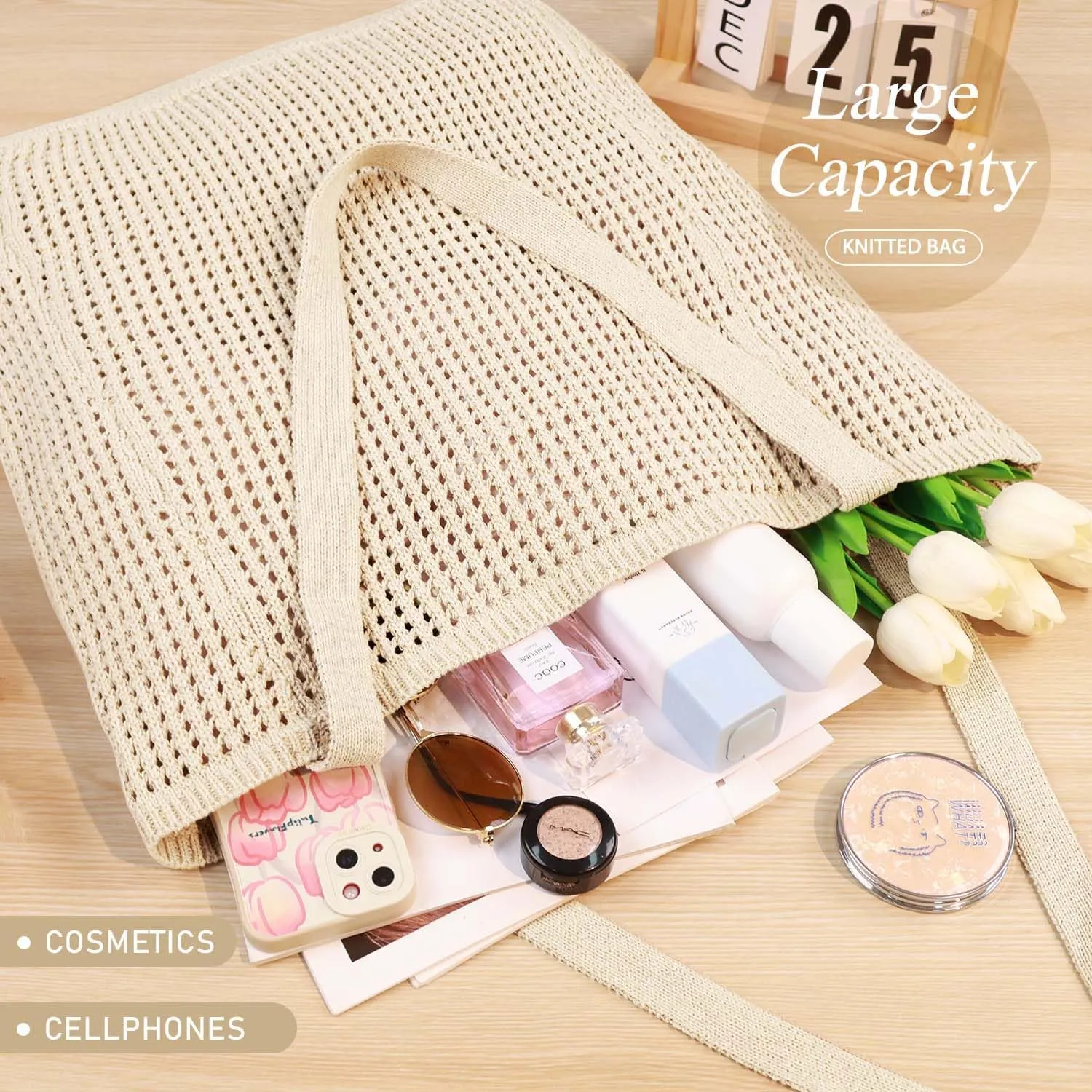 Ayieyill Crochet Tote Bag For Women, Crochet Mesh Beach Tote Bag Summer Vacation Aesthetic Boho Knit Bag for Women