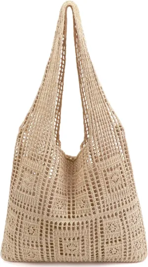 Ayieyill Crochet Tote Bag For Women, Crochet Mesh Beach Tote Bag Summer Vacation Aesthetic Boho Knit Bag for Women