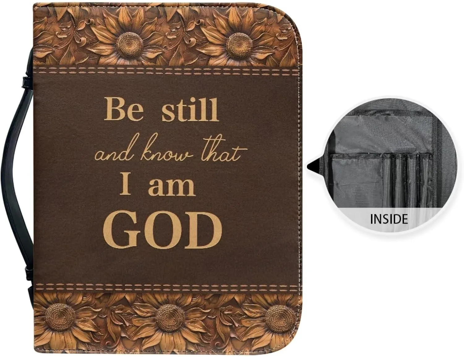 Be Still and Know That I am God Verses Bible Case Protective Cover for Women Leather Bible Bags with Zipper and Handle Multifunctional Protective Scripture Handbag Size M-2XL