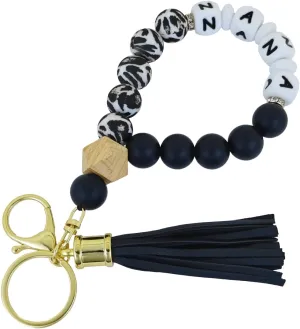 Black Silicone Beaded Keychain Wristlet Cow Print Tassels White Silicone Beads Key Chain for Wallet Car