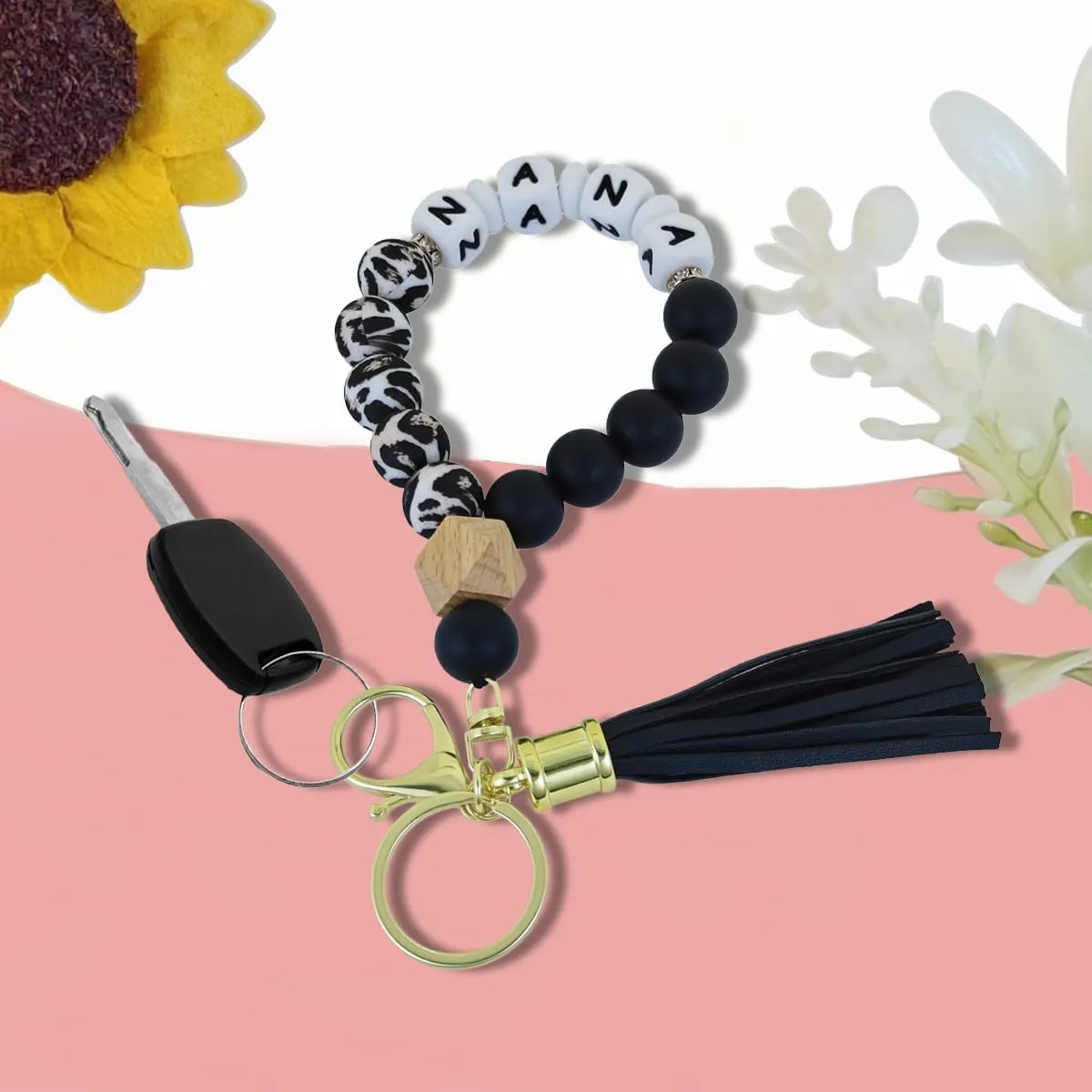 Black Silicone Beaded Keychain Wristlet Cow Print Tassels White Silicone Beads Key Chain for Wallet Car