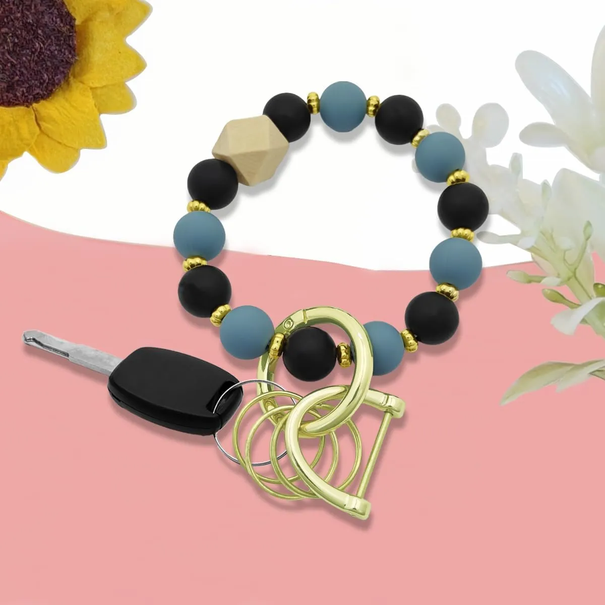 Black Silicone Beaded Keychain Wristlet Cow Print Tassels White Silicone Beads Key Chain for Wallet Car