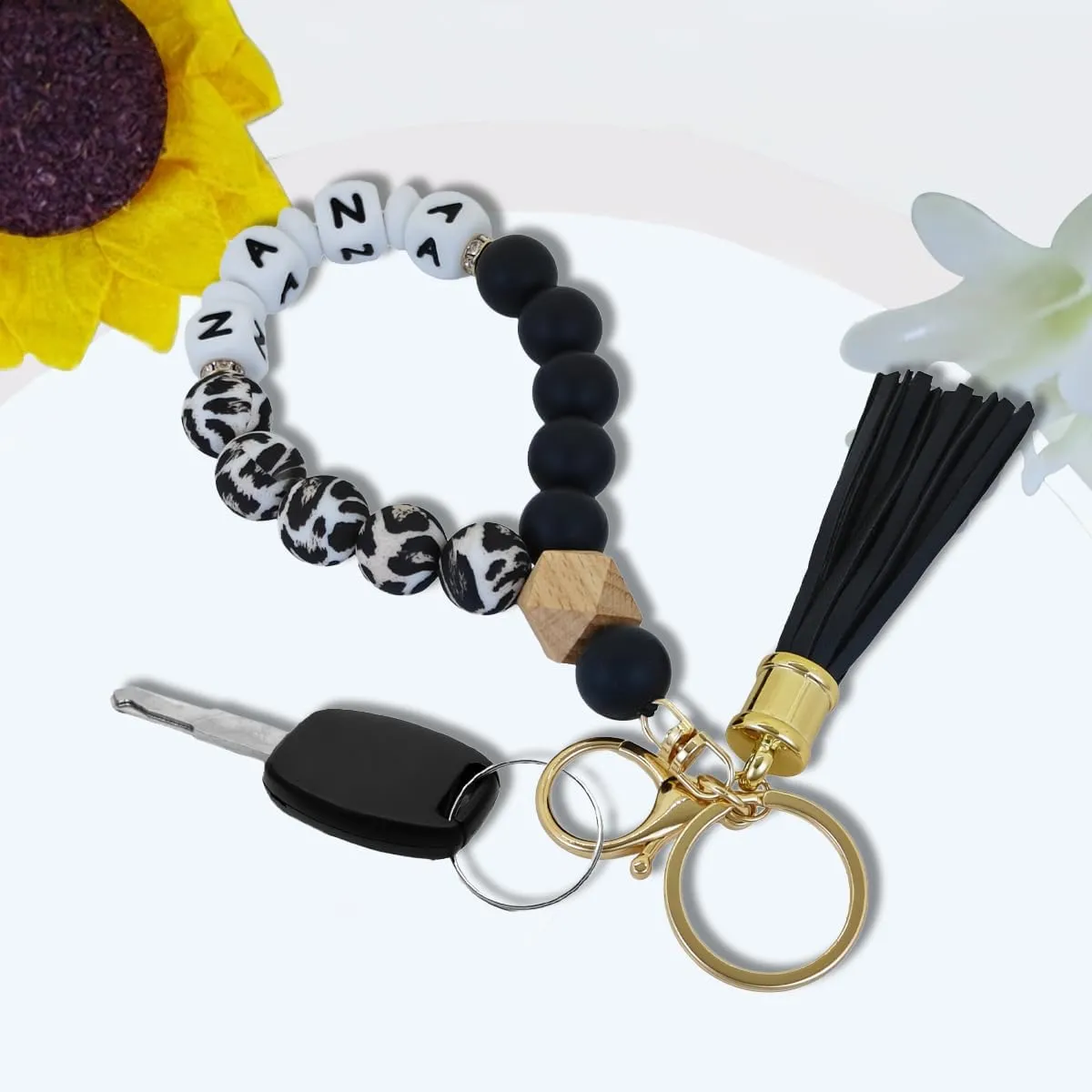 Black Silicone Beaded Keychain Wristlet Cow Print Tassels White Silicone Beads Key Chain for Wallet Car