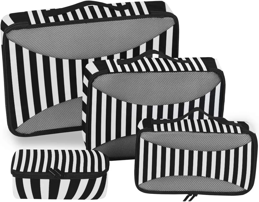 Black White Stripes 4 Set Packing Cubes with Toiletry Bag - Travel Luggage Organizer Bag
