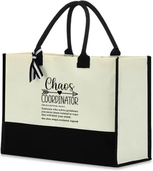 Blue Leaves Chaos Coordinator Waterproof Large Reusable Grocery Bags Tote Bag Thank You Appreciation Gift for Women Boss