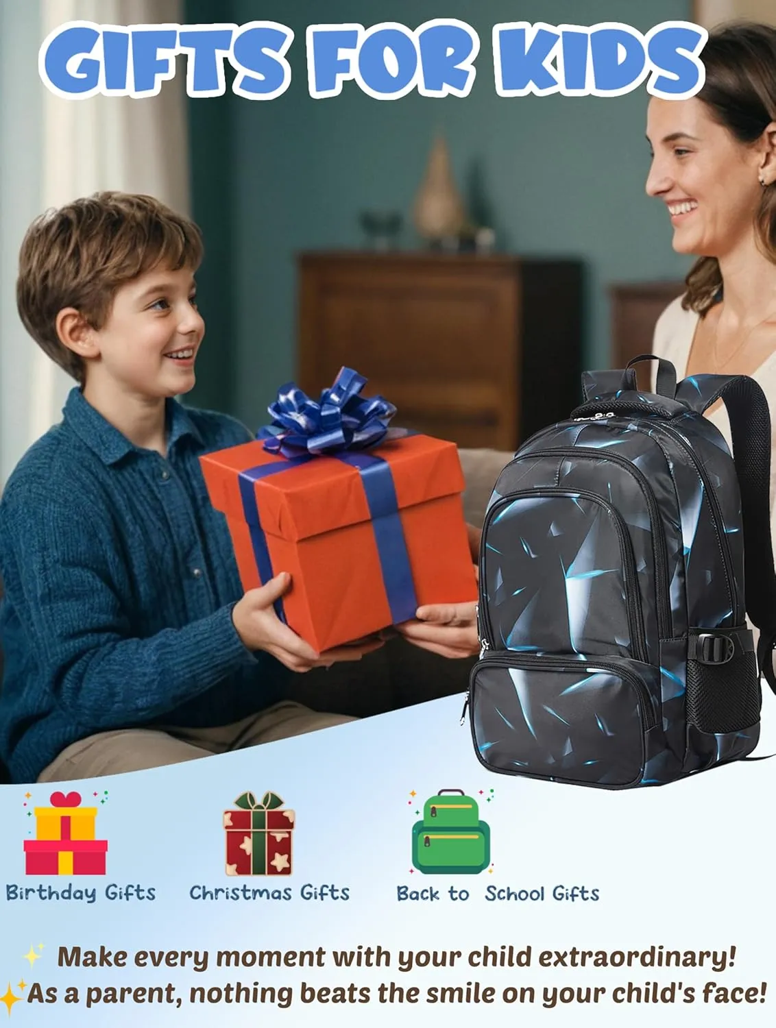 BLUEFAIRY Kids Backpack for Boys Elementary Primary Middle School Bags for Childs Book Bags Bookbags Lightweight Padded Straps Back to School Mochilas para Nios 17" Black/Blue