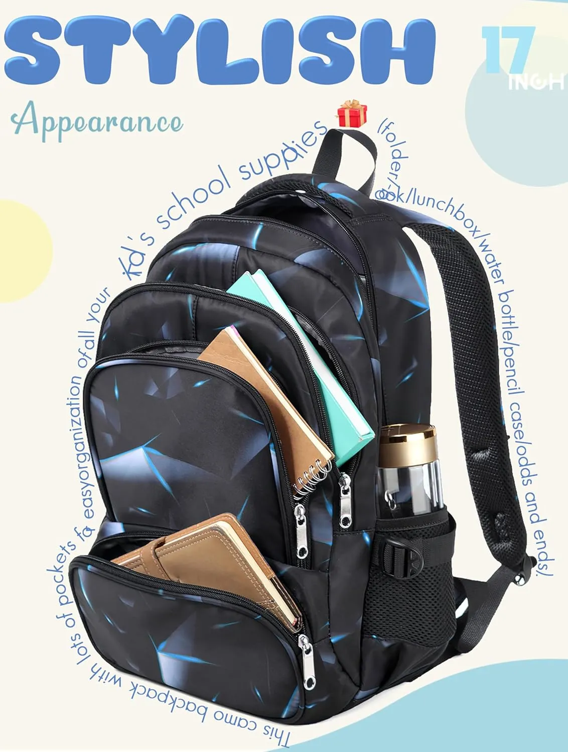 BLUEFAIRY Kids Backpack for Boys Elementary Primary Middle School Bags for Childs Book Bags Bookbags Lightweight Padded Straps Back to School Mochilas para Nios 17" Black/Blue