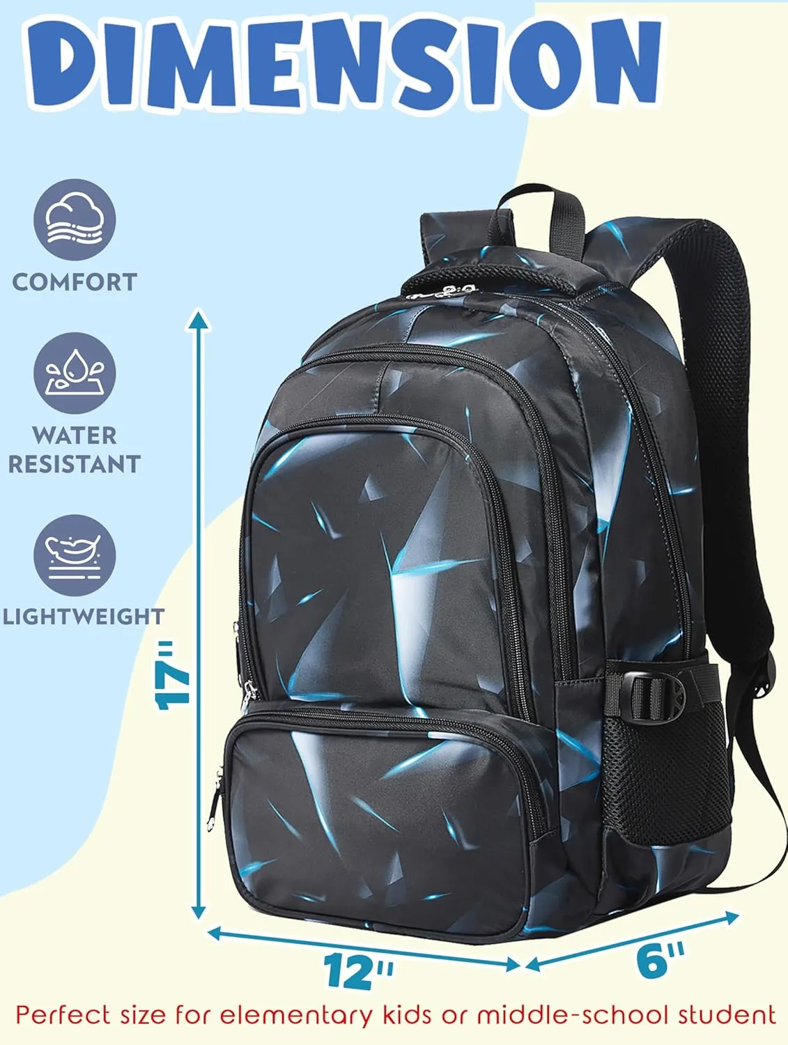 BLUEFAIRY Kids Backpack for Boys Elementary Primary Middle School Bags for Childs Book Bags Bookbags Lightweight Padded Straps Back to School Mochilas para Nios 17" Black/Blue