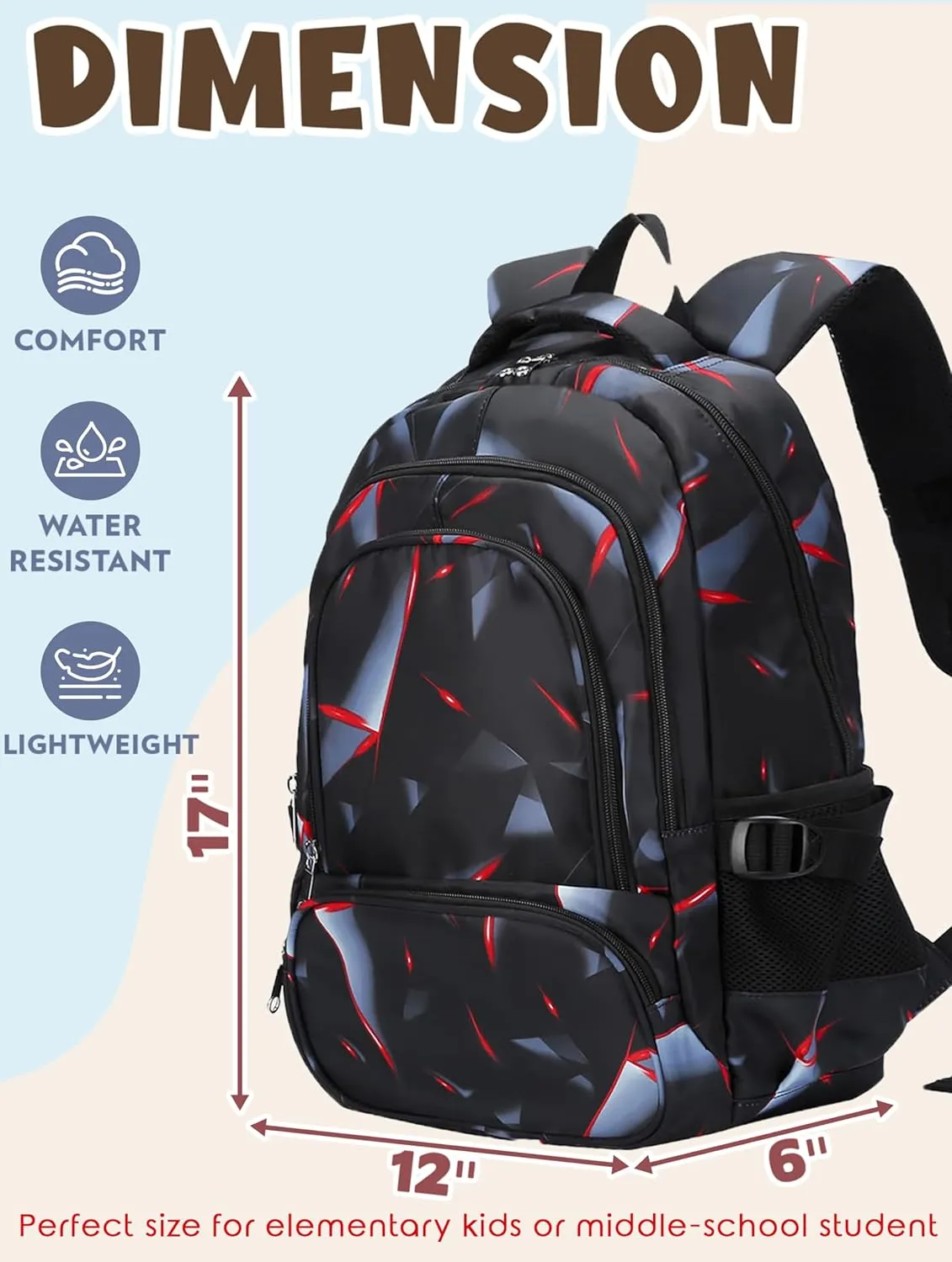 BLUEFAIRY Kids Backpack for Boys Elementary Primary School Bags for Childs Black Bagpack Book Bag Back to School Gifts for Son Mochilas Escolares para Nios 17" Large Compartment Black/Red