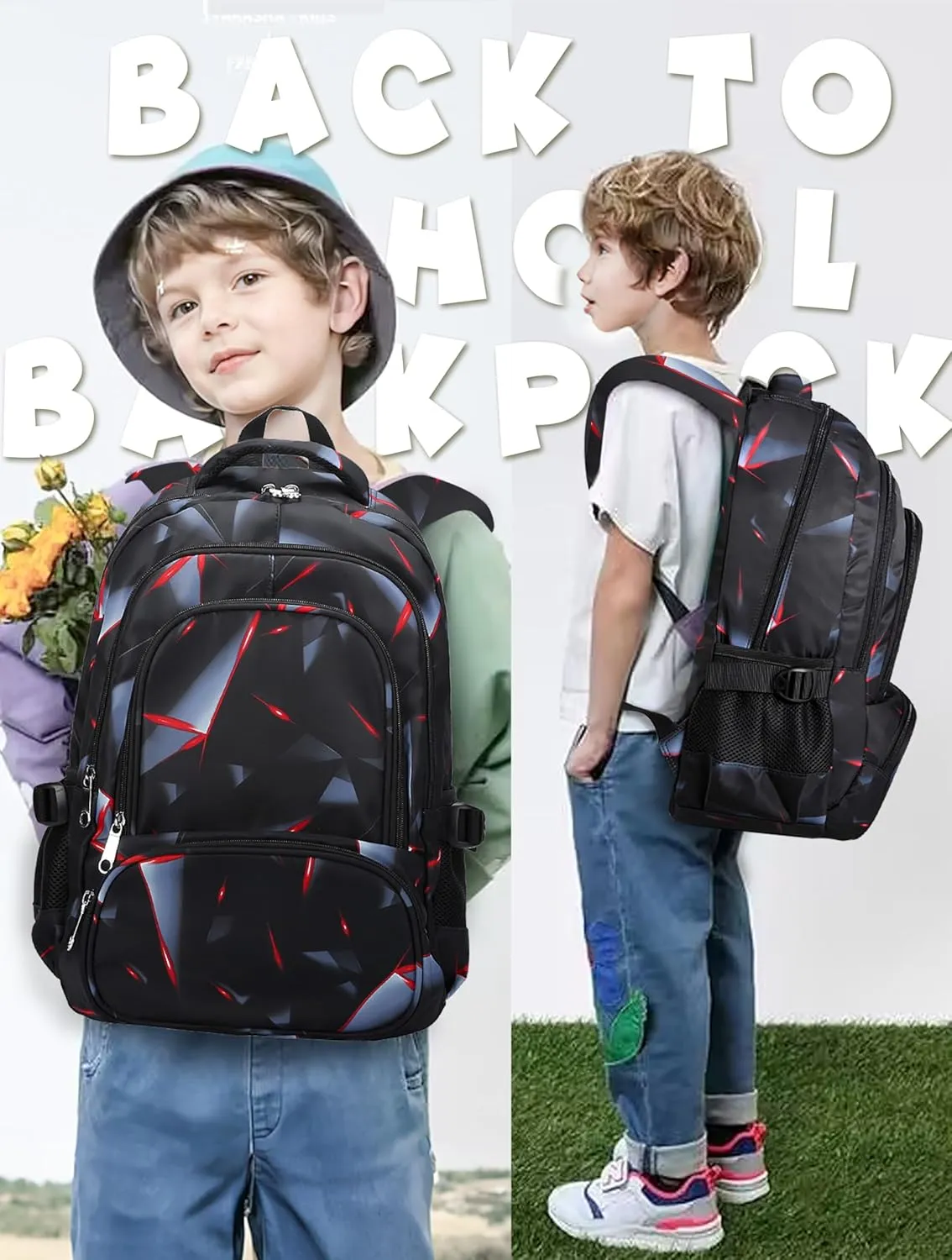 BLUEFAIRY Kids Backpack for Boys Elementary Primary School Bags for Childs Black Bagpack Book Bag Back to School Gifts for Son Mochilas Escolares para Nios 17" Large Compartment Black/Red