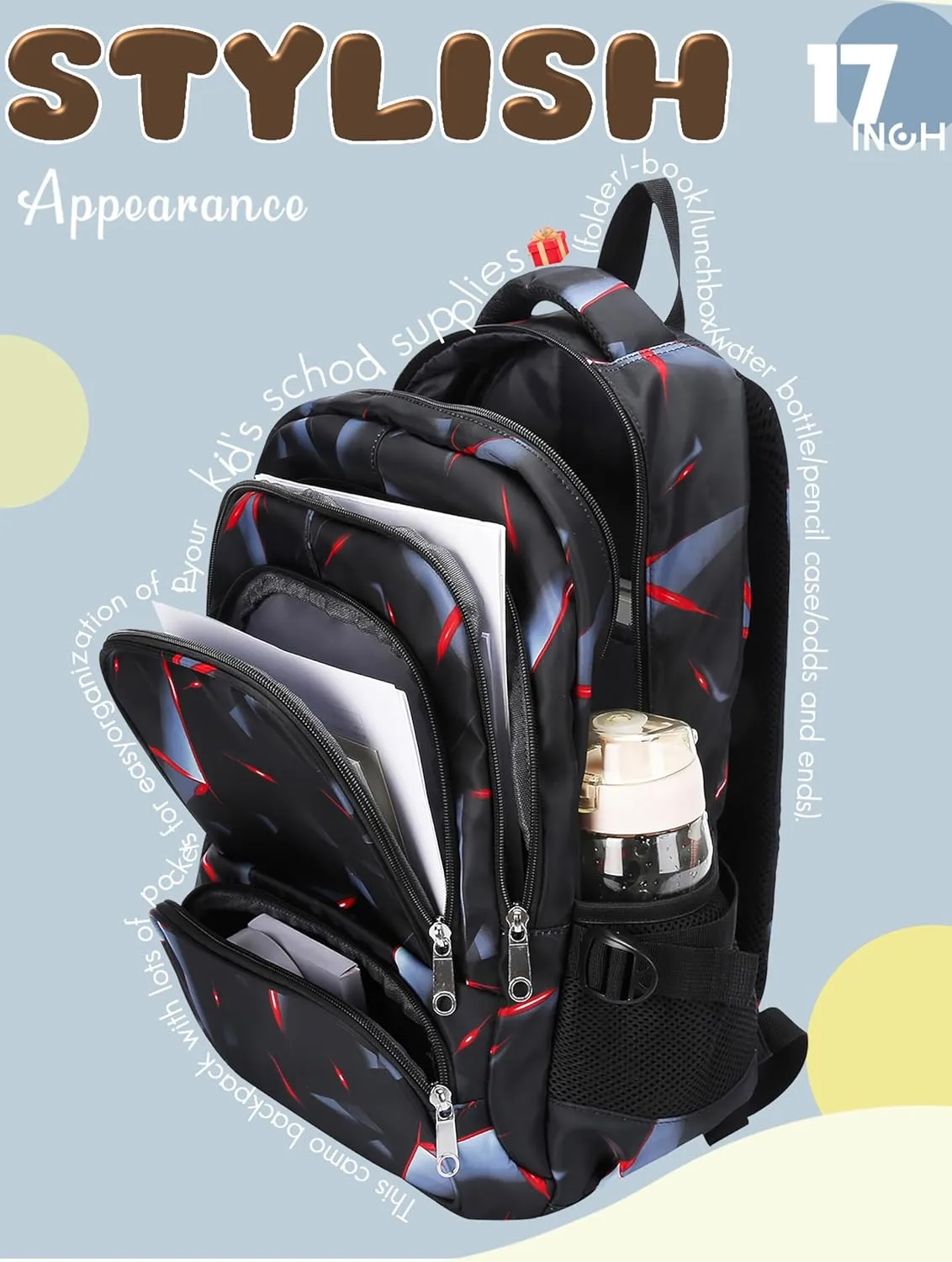 BLUEFAIRY Kids Backpack for Boys Elementary Primary School Bags for Childs Black Bagpack Book Bag Back to School Gifts for Son Mochilas Escolares para Nios 17" Large Compartment Black/Red