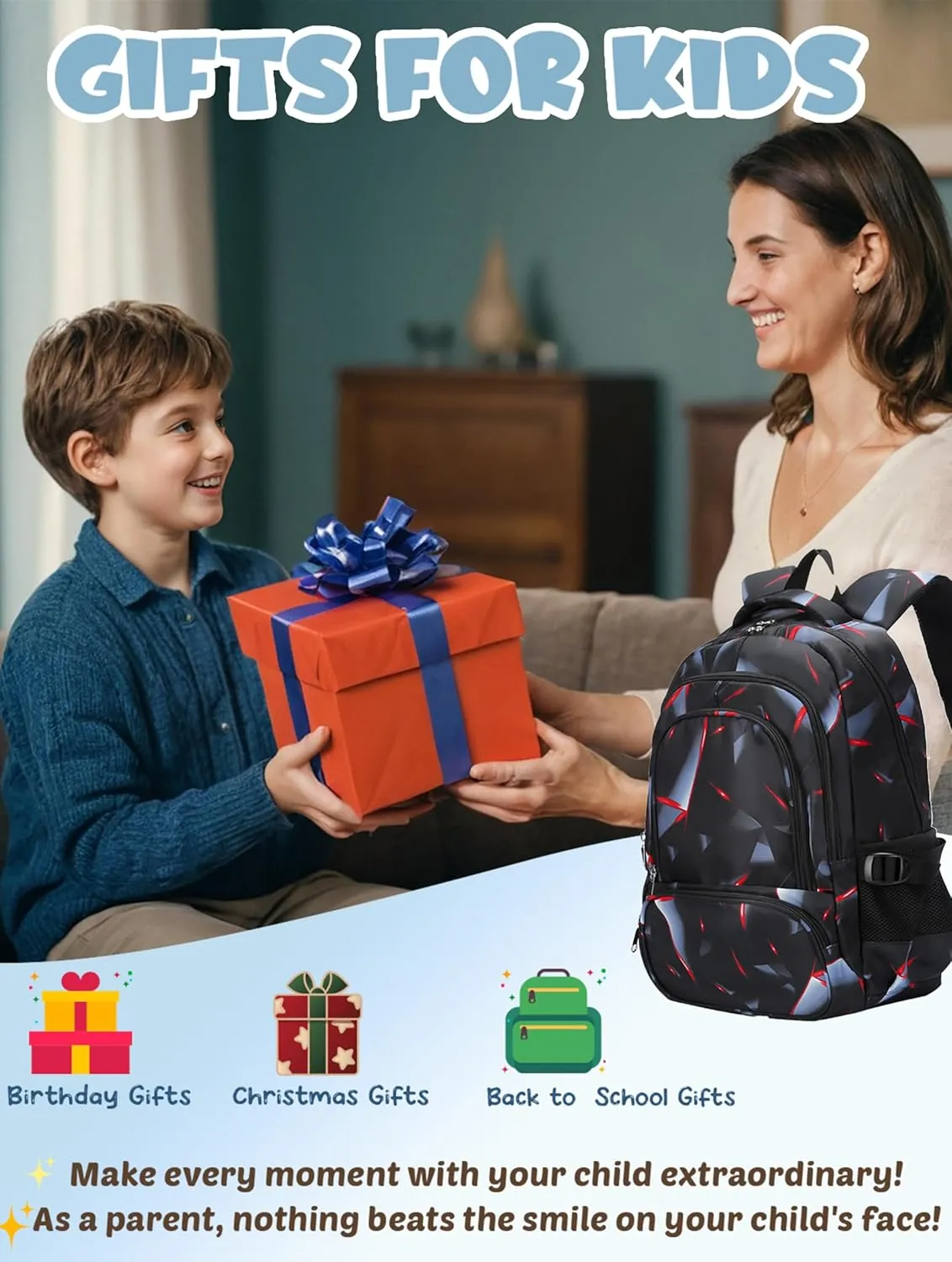 BLUEFAIRY Kids Backpack for Boys Elementary Primary School Bags for Childs Black Bagpack Book Bag Back to School Gifts for Son Mochilas Escolares para Nios 17" Large Compartment Black/Red