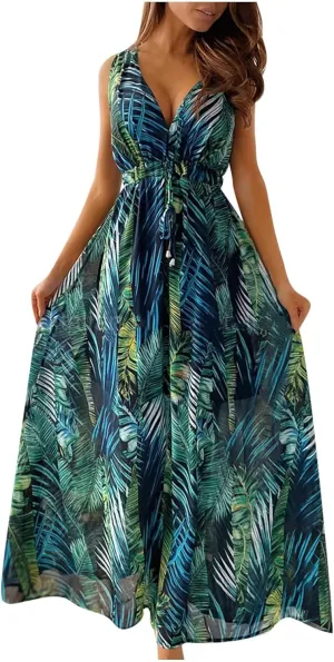 Boho Dress for Women Summer 2023 Deep V Neck Empire Waist Sundresses Flowy Maxi Dresses Hawaiian Bodycon