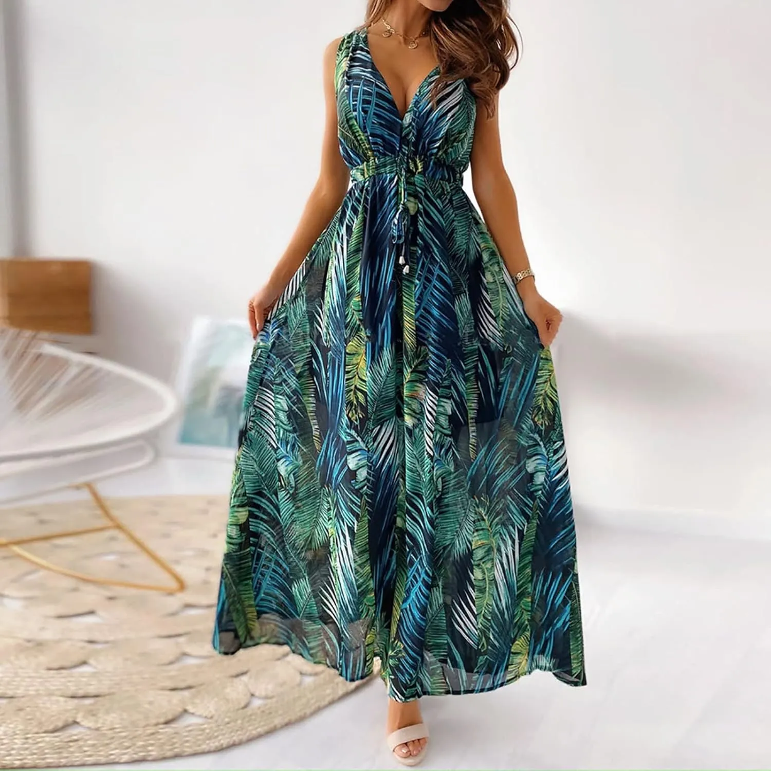 Boho Dress for Women Summer 2023 Deep V Neck Empire Waist Sundresses Flowy Maxi Dresses Hawaiian Bodycon