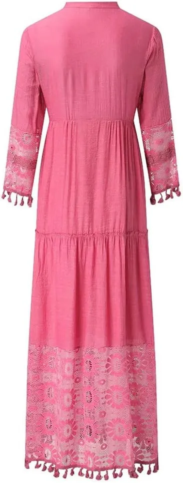 Boho Floral Lace Maxi Dress for Womens Summer V Neck 3/4 Sleeve Flowy Tassel Maxi Dresses Beach Swing Sundress