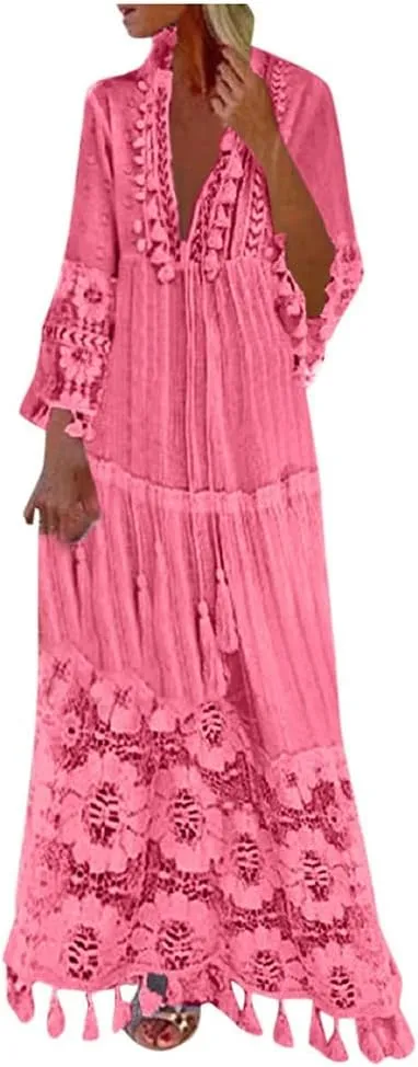 Boho Floral Lace Maxi Dress for Womens Summer V Neck 3/4 Sleeve Flowy Tassel Maxi Dresses Beach Swing Sundress