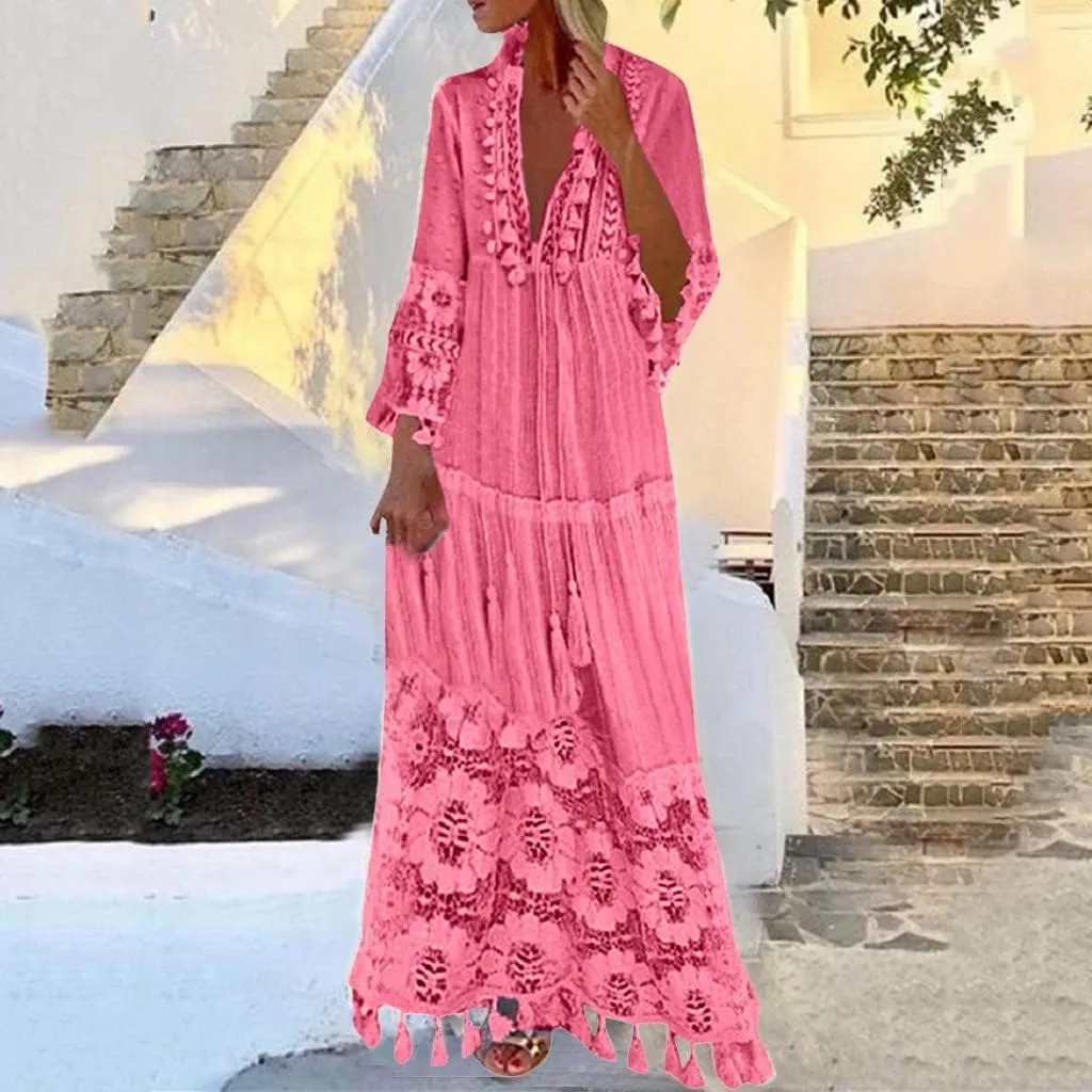 Boho Floral Lace Maxi Dress for Womens Summer V Neck 3/4 Sleeve Flowy Tassel Maxi Dresses Beach Swing Sundress