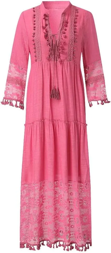 Boho Floral Lace Maxi Dress for Womens Summer V Neck 3/4 Sleeve Flowy Tassel Maxi Dresses Beach Swing Sundress