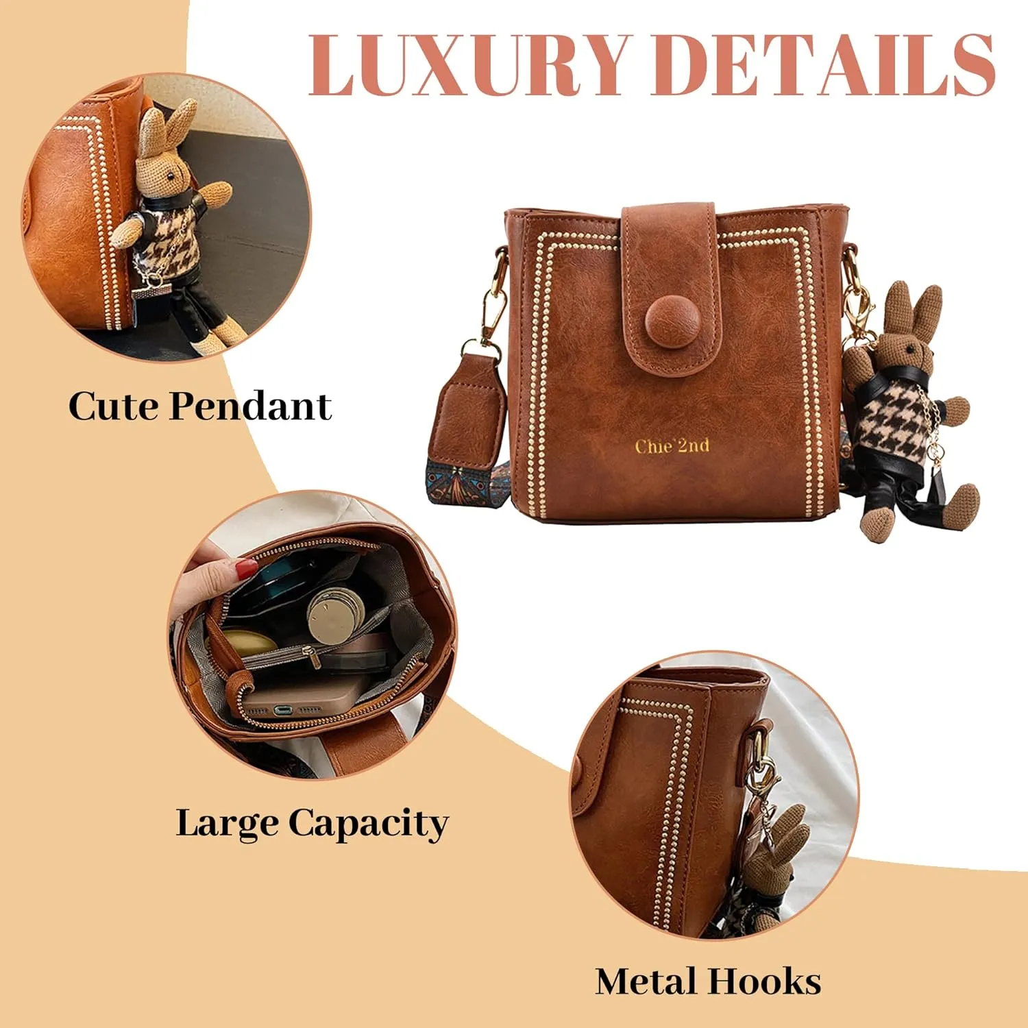 Bootara Bucket Bag Vintage Crossbody Bag With Bunny Charm Small Womens Retro Water Bucket Shoulder Bag