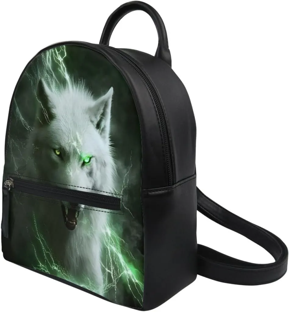 Boys Mens Mini Bookbags Backpack White Wolf Cool Animal Printed Casual Shoulder Bags with Adjustable Shoulder Strap,Green Lightning Wolf