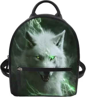 Boys Mens Mini Bookbags Backpack White Wolf Cool Animal Printed Casual Shoulder Bags with Adjustable Shoulder Strap,Green Lightning Wolf