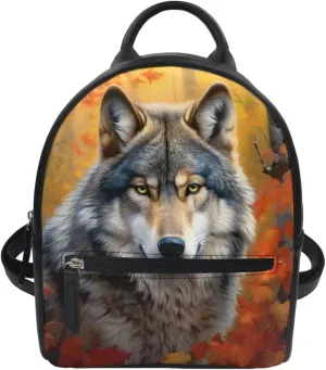 Boys Mens Mini Bookbags Backpack White Wolf Cool Animal Printed Casual Shoulder Bags with Adjustable Shoulder Strap,Maple Leaf Wolf