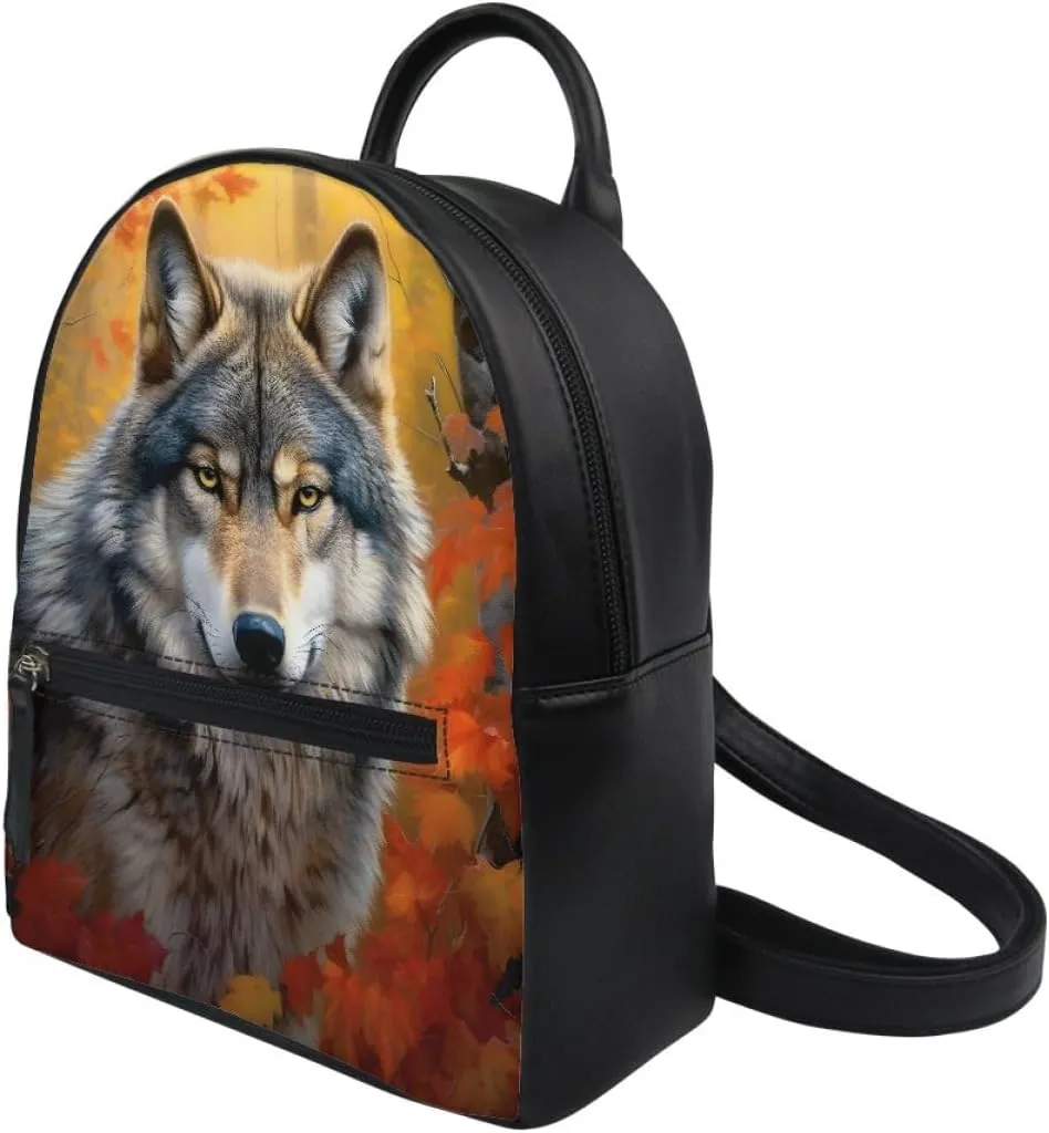 Boys Mens Mini Bookbags Backpack White Wolf Cool Animal Printed Casual Shoulder Bags with Adjustable Shoulder Strap,Maple Leaf Wolf