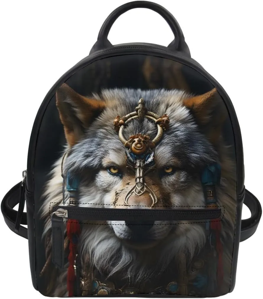 Boys Mens Mini Bookbags Backpack White Wolf Cool Animal Printed Casual Shoulder Bags with Adjustable Shoulder Strap,Native American Wolf