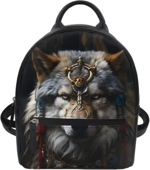 Boys Mens Mini Bookbags Backpack White Wolf Cool Animal Printed Casual Shoulder Bags with Adjustable Shoulder Strap,Native American Wolf
