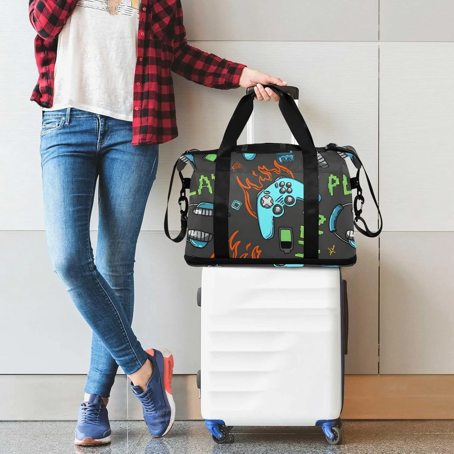 Bright Joysticks Cool Flame Travel Duffle Expandable Weekender Bags for Women Travel with Toiletry Bag
