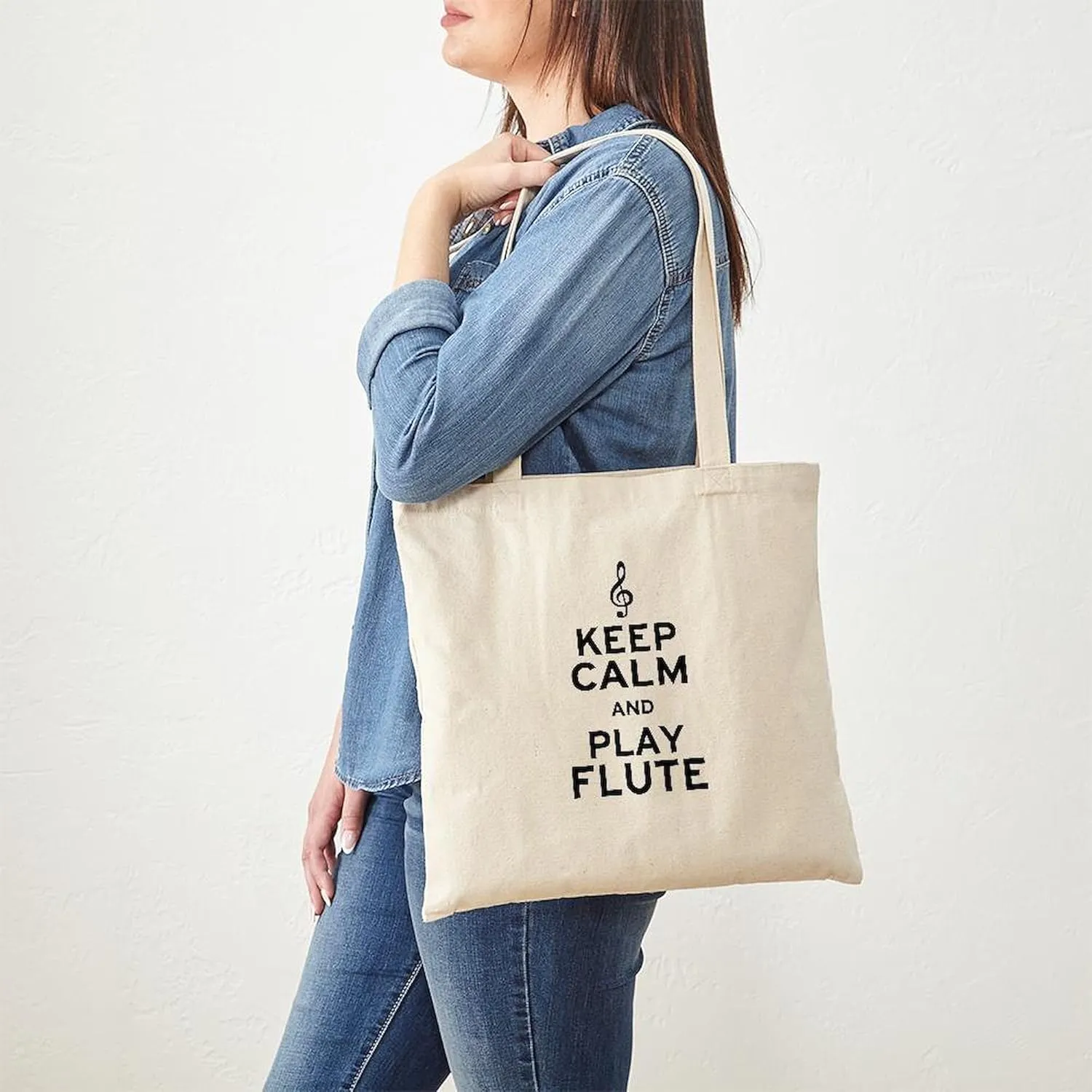 CafePress Keep Calm And Play Flute Tote Bag Natural Canvas Tote Bag, Reusable Shopping Bag