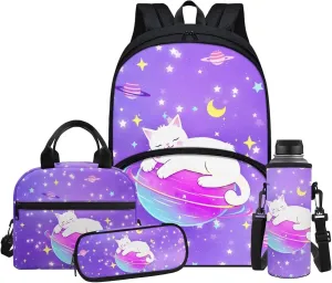 Cartoon Kitten Kids Backpacks for Boys Star School Backpack for Teens Comfortable Bento Box Lunch Bag Backpacks with Lunch Box for Boys Backpack Set of 4 Water Bottle Bag